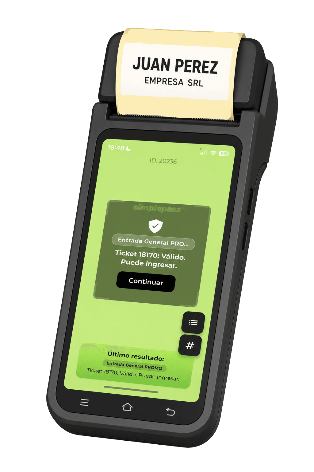Dispositivo POS de Simplepass imprimiendo automáticamente la etiqueta de un asistente acreditado